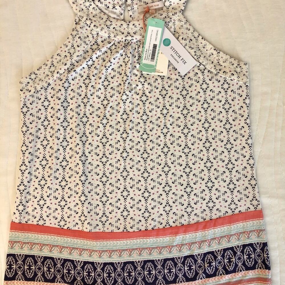 NWT Skies Are Blue Casual Embroidered Tank Top Medallion Print Cream Blue Coral - Picture 15 of 16